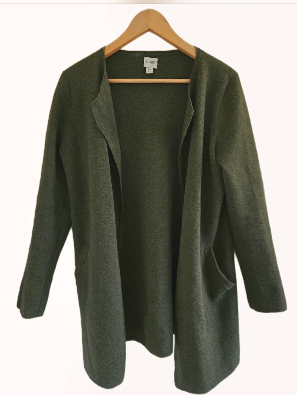 J.Crew Olive Green Open Front Cardigan XS Lightweight Cotton Knit Pockets